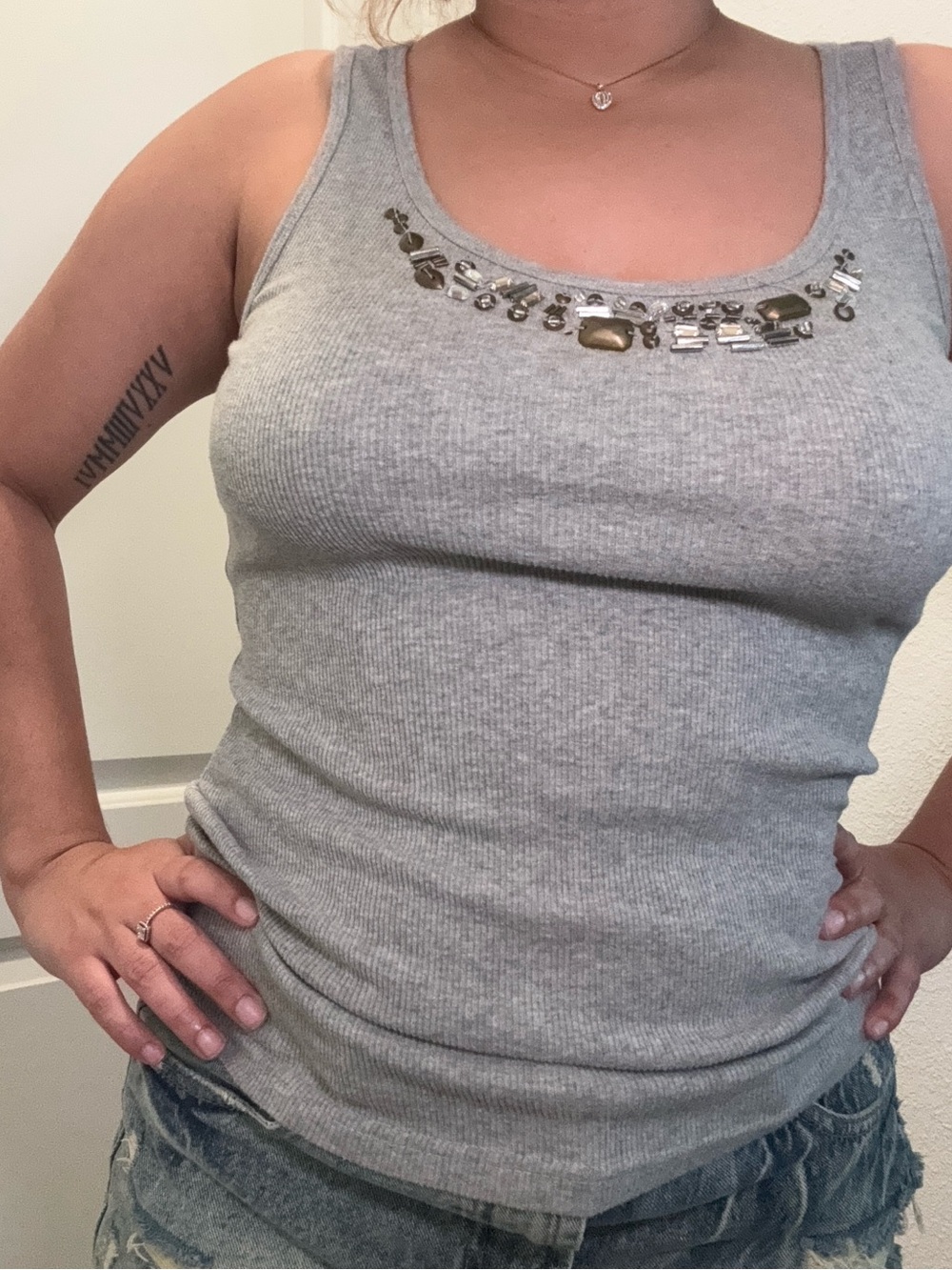 Old Navy Gray Ribbed Tank with Jeweled Neckline